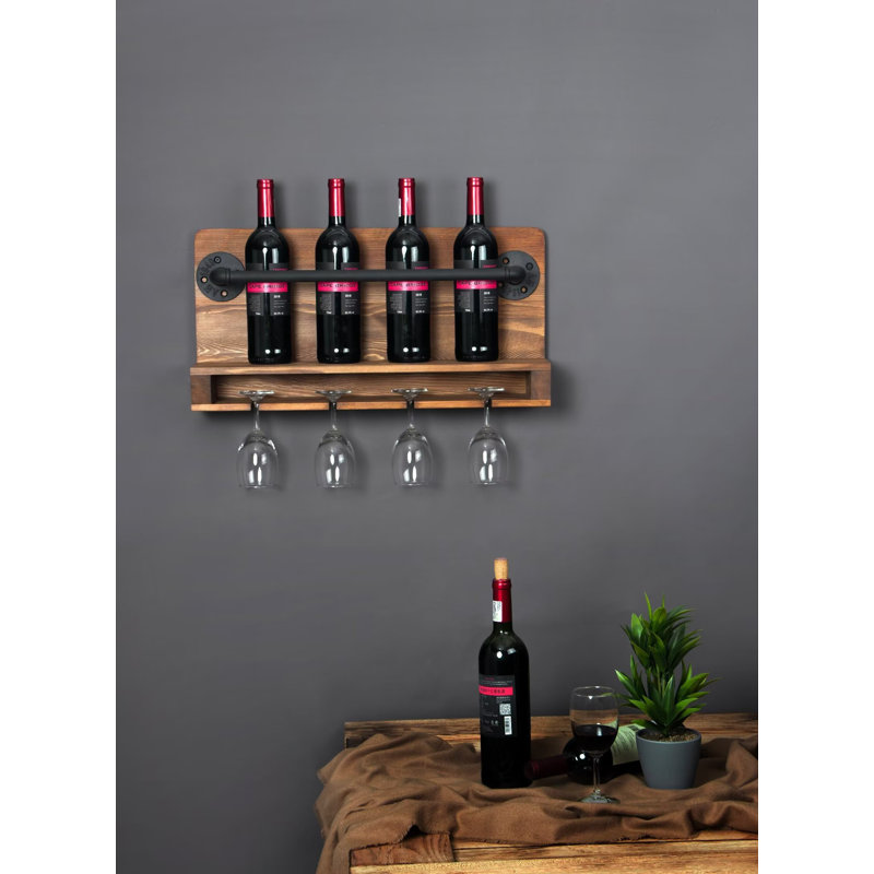 Millwood Pines Wanakah 4 Bottle Solid Wood Wall Mounted Wine Bottle